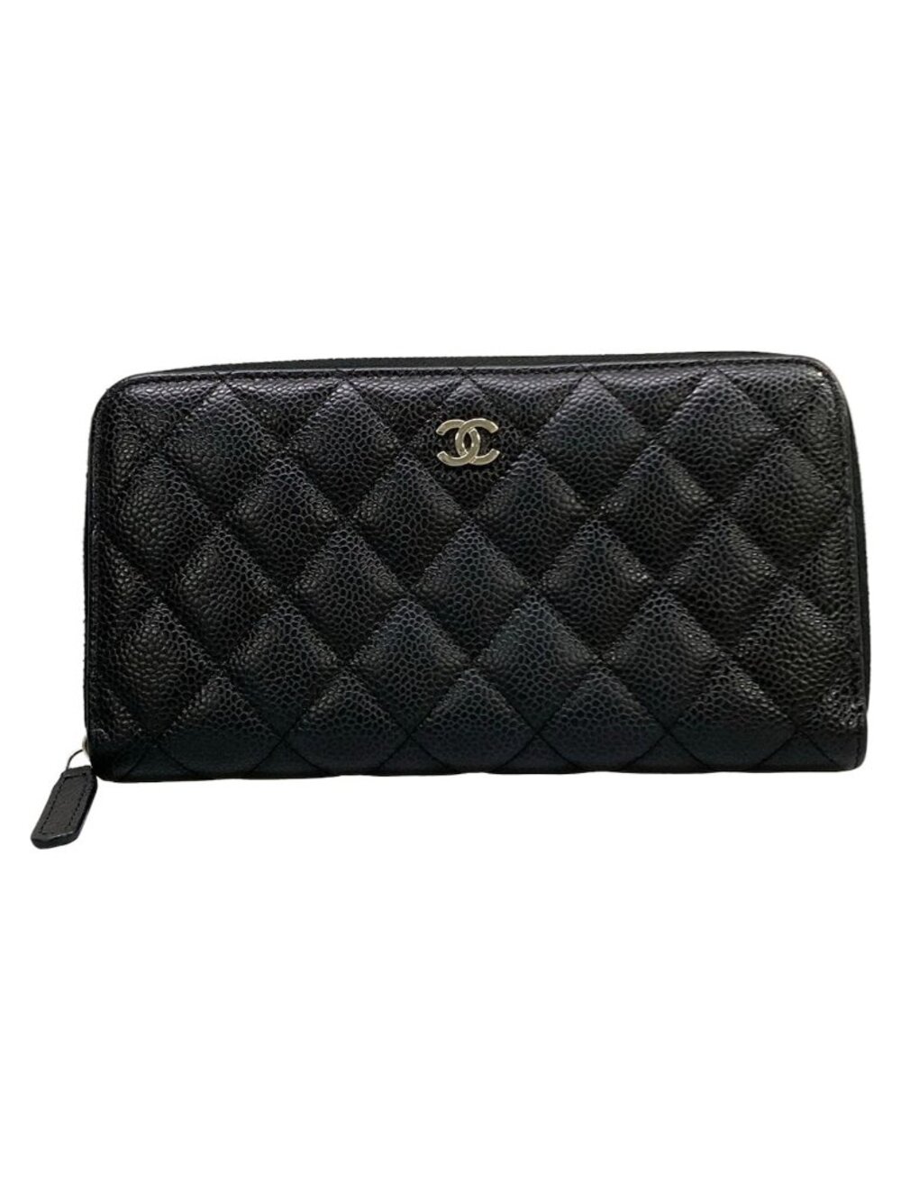 Chanel Wallet Quilted Black Silver Zip Around